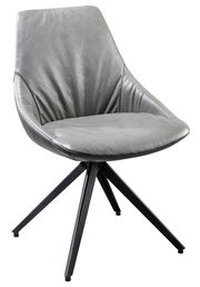 Moderner grauer Stuhl mit gepolsterter Sitzfläche und schwarzem Metallgestell, seitliche Perspektive