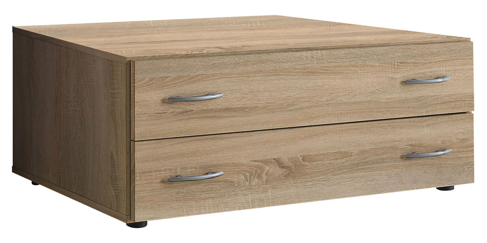 Schubkastenuntersatz aus Holz mit zwei Schubladen und silbernen Griffen, perspektivisch von vorne links betrachtet.