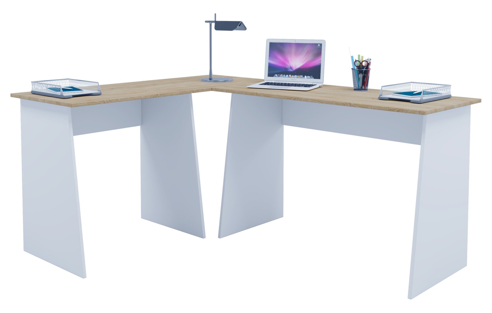 Moderner L-förmiger Eckschreibtisch mit Arbeitsplatten in heller Holzoptik und weißen Seitenteilen, dekoriert mit Laptop, Lampe und Büroaccessoires, aus frontaler Perspektive leicht von oben dargestellt