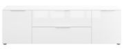 Weißes TV-Lowboard mit zwei Türen und zwei Schubladen, frontale Ansicht