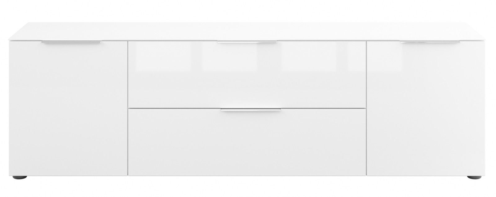Weißes TV-Lowboard mit zwei Türen und zwei Schubladen, frontale Ansicht