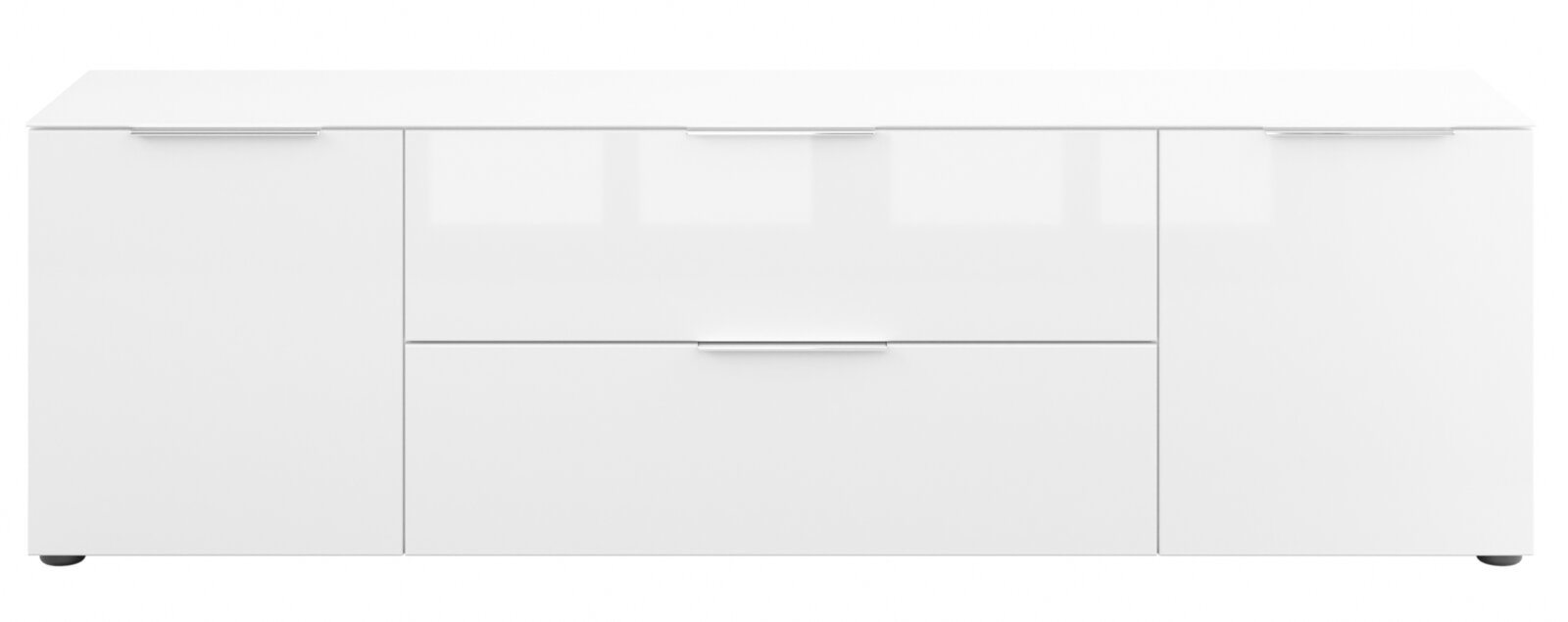 Weißes TV-Lowboard mit zwei Türen und zwei Schubladen, frontale Ansicht