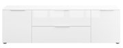 Weißes TV-Lowboard mit zwei Türen und zwei Schubladen, frontale Ansicht