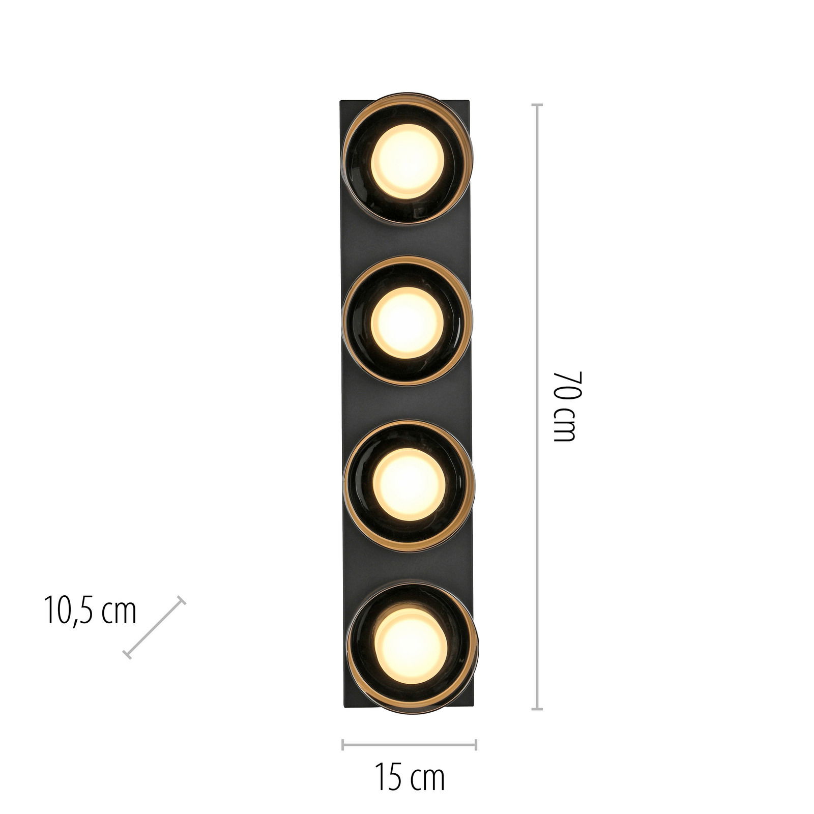 Deckenleuchte RIKA mit vier runden Leuchten in einer vertikalen Anordnung, Ansicht von vorne