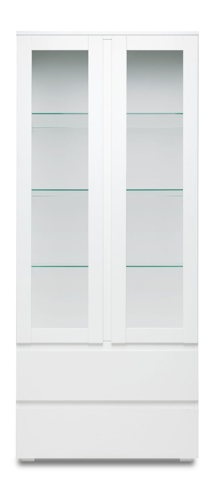 Weiße Vitrine mit Glastüren und mehreren Regalböden, frontale Ansicht.