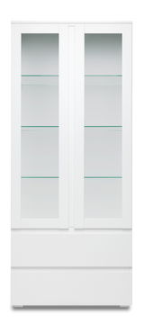 Weiße Vitrine mit Glastüren und mehreren Regalböden, frontale Ansicht.
