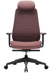 Moderner Drehstuhl in Vorderansicht mit ergonomischer Rückenlehne und Kopfstütze, gepolstert in einem rötlichen Farbton.