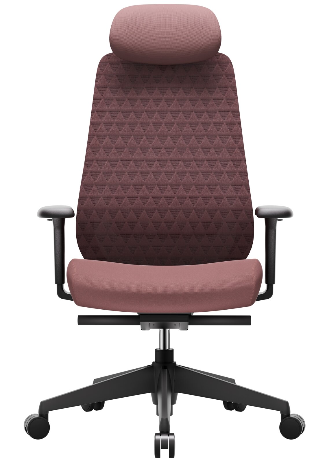 Moderner Drehstuhl in Vorderansicht mit ergonomischer Rückenlehne und Kopfstütze, gepolstert in einem rötlichen Farbton.