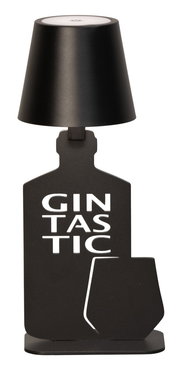 Schwarze Akku-Tischleuchte in Form einer Flasche mit der Aufschrift 'GINTASTIC', frontal abgebildet.
