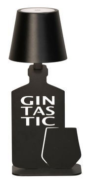 Schwarze Akku-Tischleuchte in Form einer Flasche mit der Aufschrift 'GINTASTIC', frontal abgebildet.