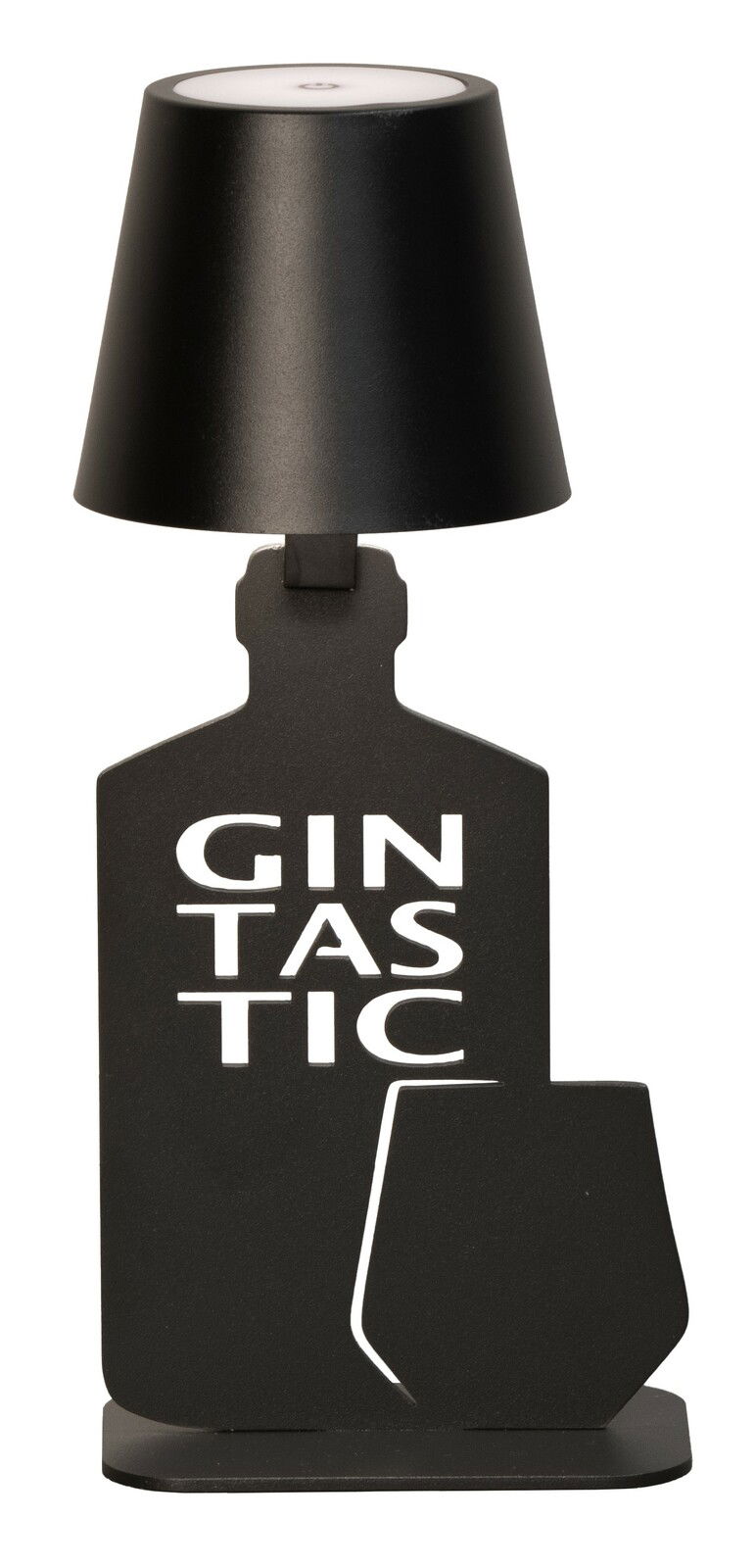 Schwarze Akku-Tischleuchte in Form einer Flasche mit der Aufschrift 'GINTASTIC', frontal abgebildet.