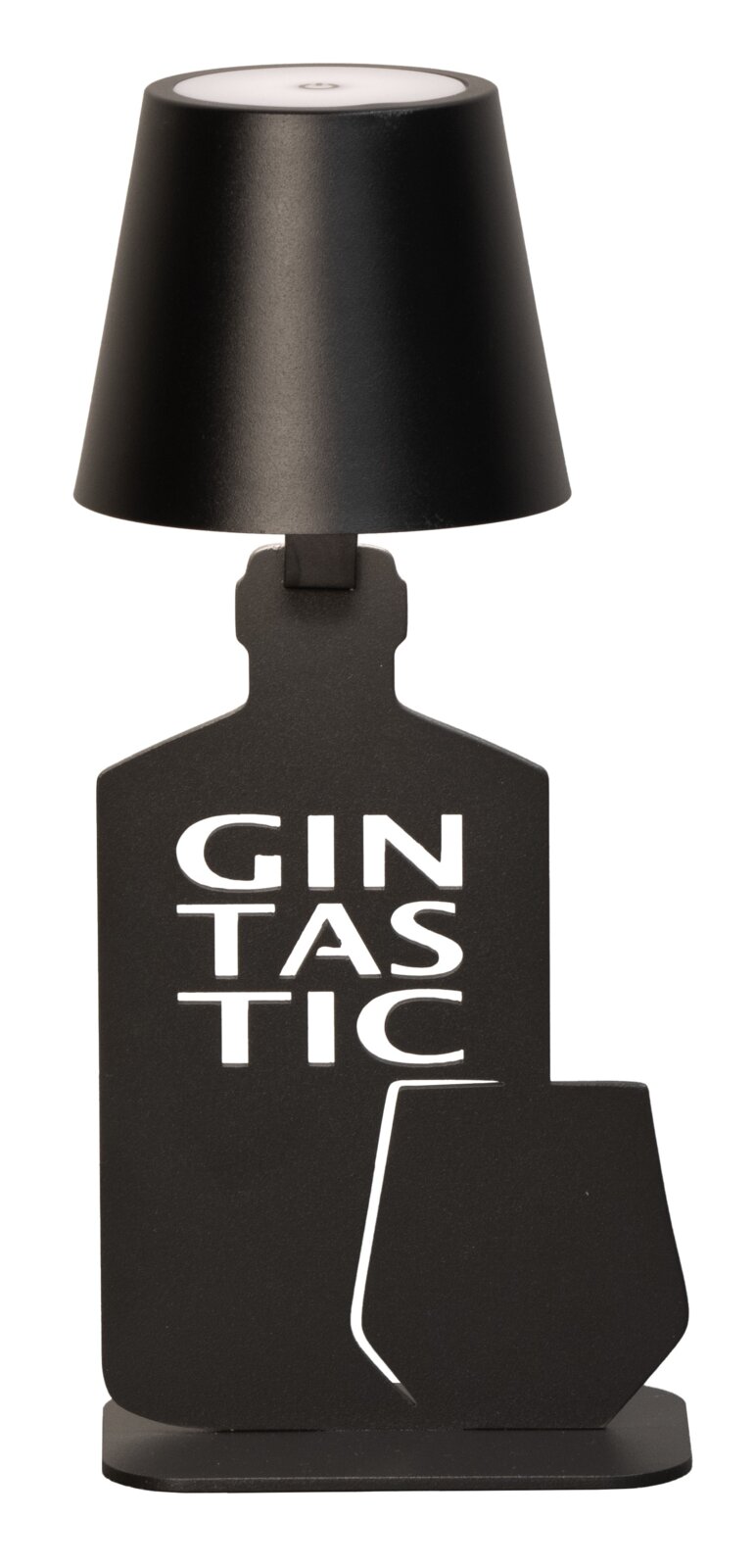 Fischer & Honsel Akku-Tischleuchte METALGLOW Schwarze Akku-Tischleuchte in Form einer Flasche mit der Aufschrift 'GINTASTIC', frontal abgebildet.