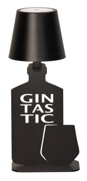 Zwarte accu-tafellamp in de vorm van een fles met het opschrift 'GINTASTIC', van voren afgebeeld.