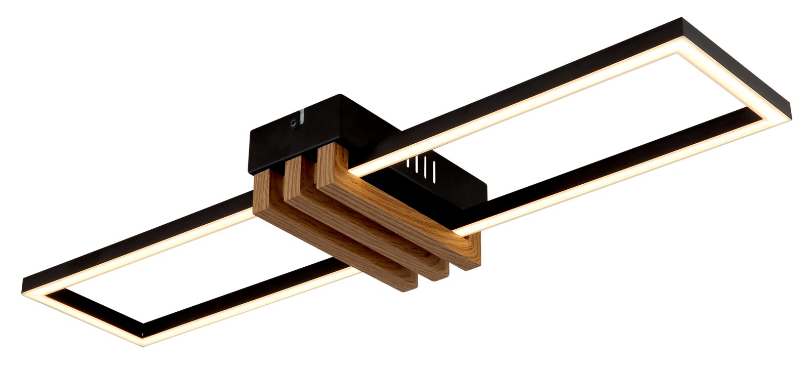 Moderne Deckenleuchte mit rechteckigem Design, Holz- und Metallelementen, seitliche Perspektive