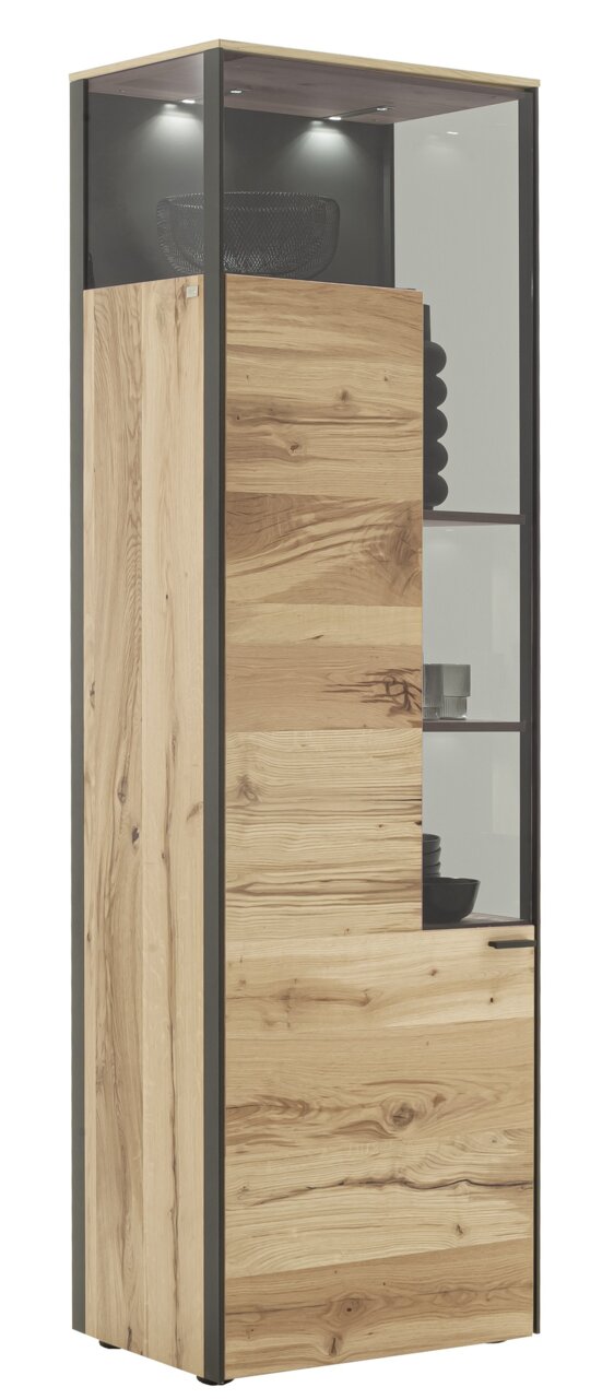 Vitrine van hout en glas met moderne verlichting, zijaanzicht