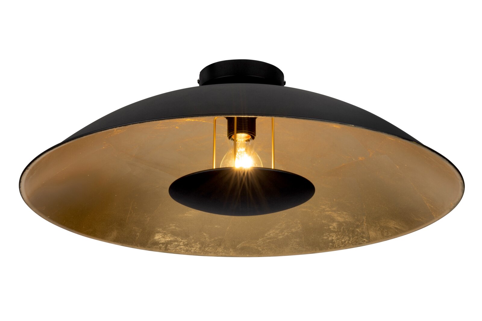 Schwarze Deckenleuchte mit breitem, flachem Metallschirm und goldfarbener Innenseite, sichtbares Leuchtmittel in der Mitte; Ansicht von unten (Untersicht)