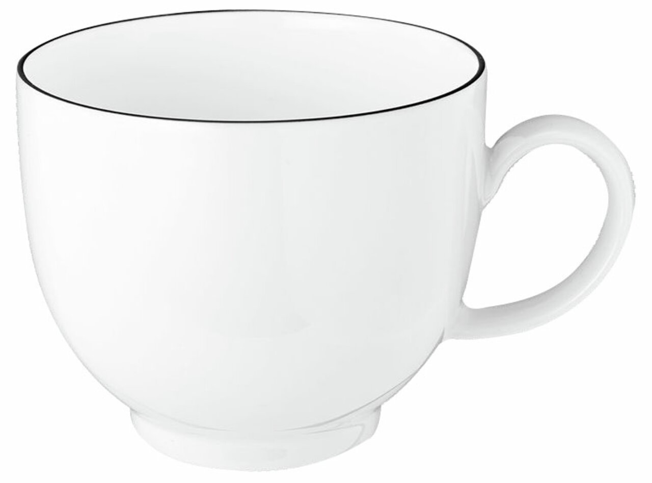 Weiße Kaffeetasse Lido 0,22l mit schwarzem Rand, seitliche Perspektive