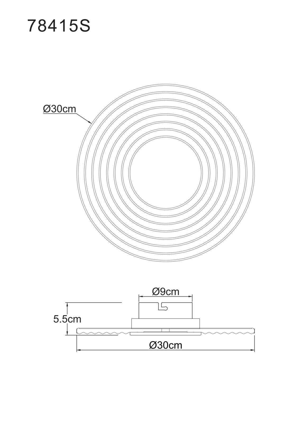 Technische Zeichnung einer runden Abdeckung/Platte mit konzentrischen Ringen, Ø 30 cm; Draufsicht und Seitenansicht mit Maßen (Höhe 5,5 cm, Aufsatz Ø 9 cm)