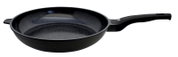 Siloncast-koekenpan 32 cm x 6 cm, zijaanzicht, zwarte antiaanbaklaag met ergonomisch handvat.