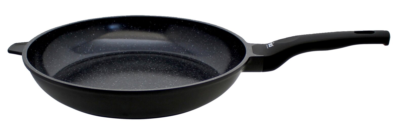 Siloncast-koekenpan 32 cm x 6 cm, zijaanzicht, zwarte antiaanbaklaag met ergonomisch handvat.