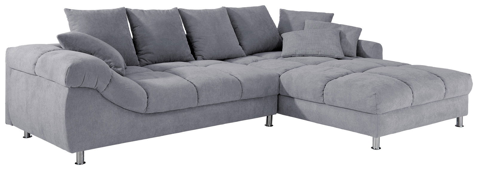 Z2 Ecksofa BROOKLYN Graues Ecksofa mit mehreren Kissen, Ansicht von schräg vorne.