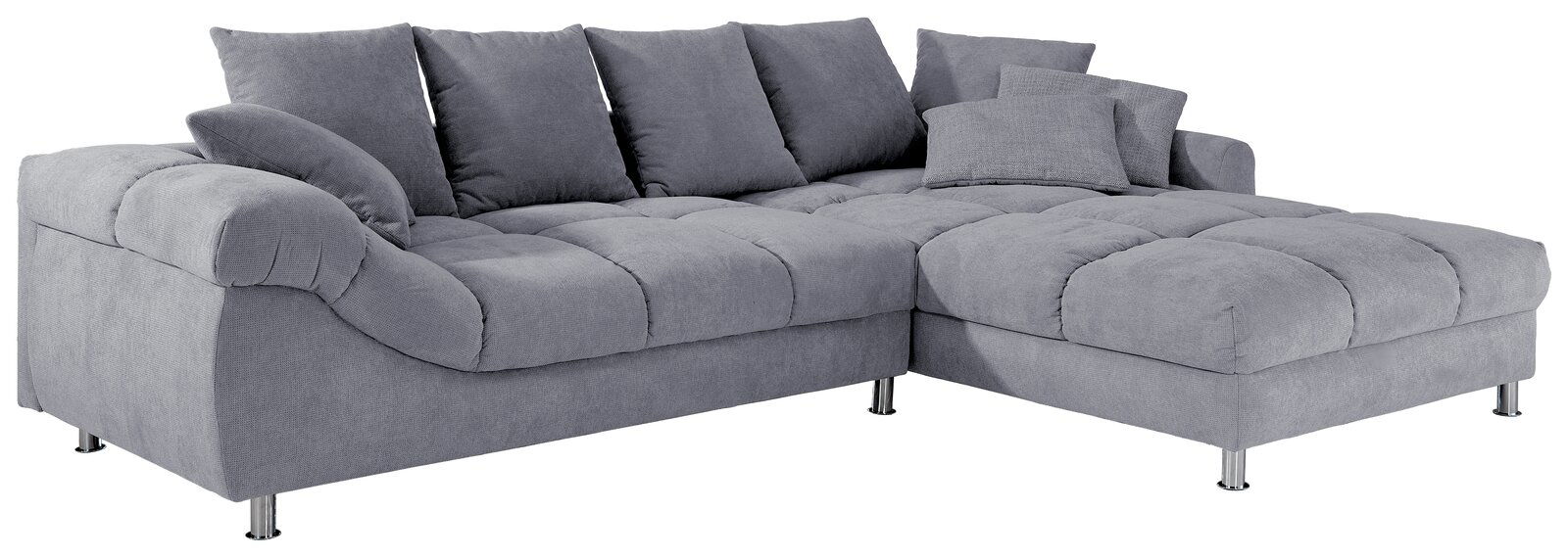 Z2 Ecksofa BROOKLYN Graues Ecksofa mit mehreren Kissen, Ansicht von schräg vorne.