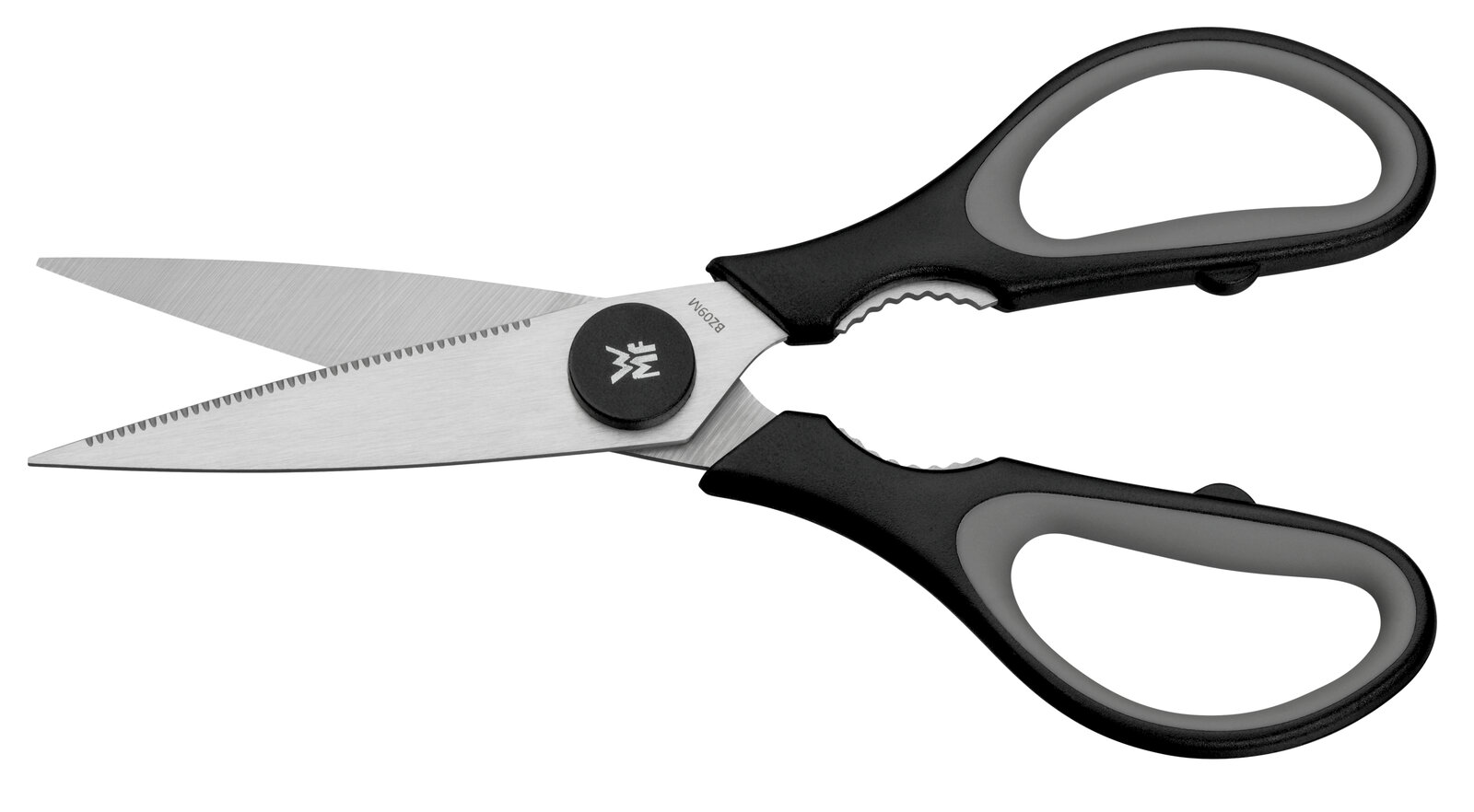 WMF Küchenschere TOUCH Schwarze Küchenschere Touch in seitlicher Ansicht mit ergonomischen Griffen und gezackten Edelstahlklingen.