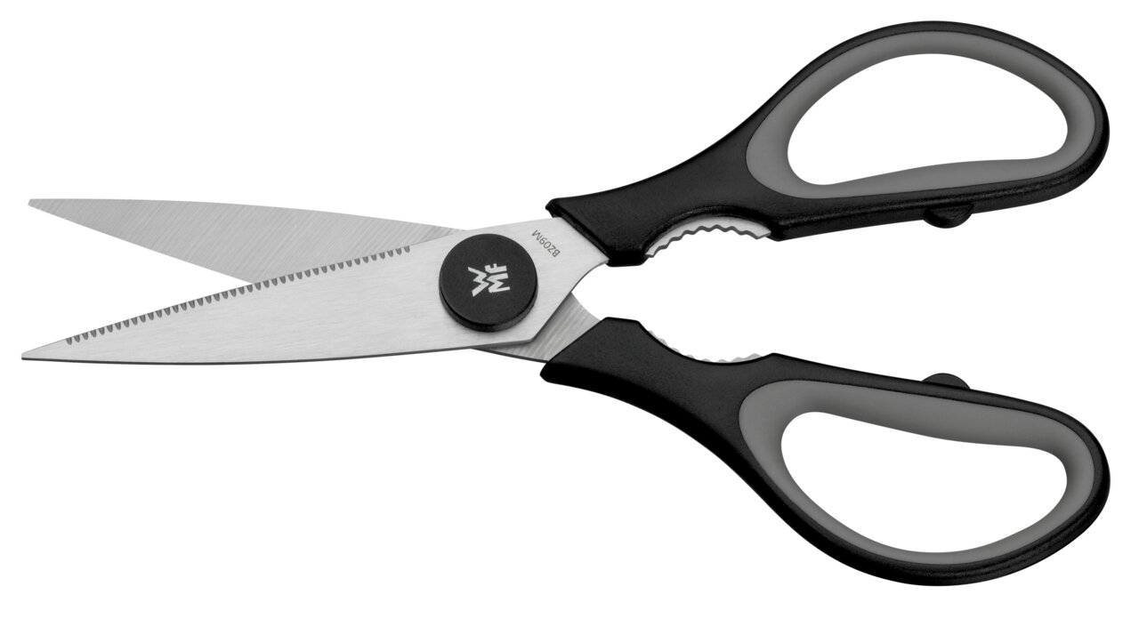 Schwarze Küchenschere Touch in seitlicher Ansicht mit ergonomischen Griffen und gezackten Edelstahlklingen.
