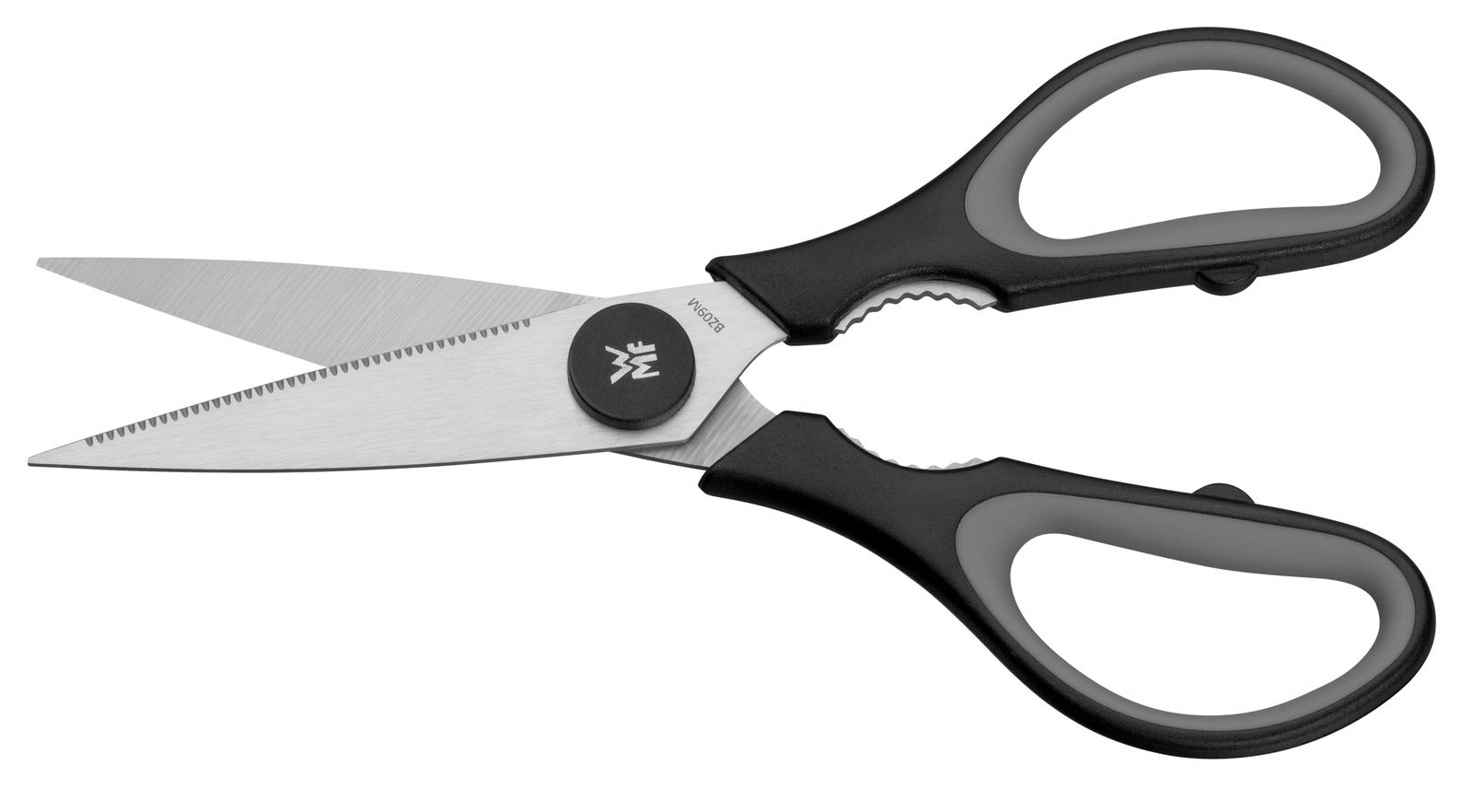 Schwarze Küchenschere Touch in seitlicher Ansicht mit ergonomischen Griffen und gezackten Edelstahlklingen.