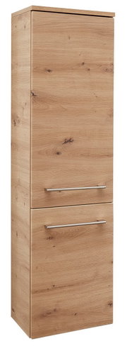 Houten midi-kast met twee deuren en metalen handgrepen, zijaanzicht