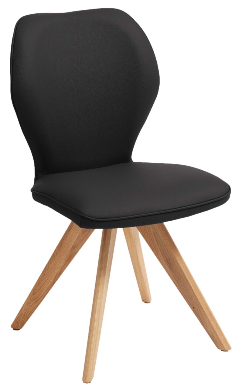 Moderner schwarzer Stuhl mit gepolsterter Sitzfläche und Rückenlehne, auf vier Holzbeinen, seitliche Perspektive