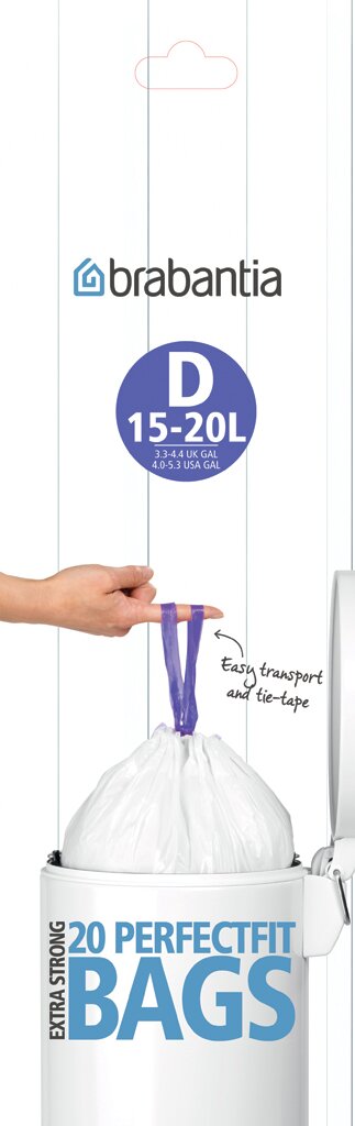 Brabantia 20 vuilniszakken PERFECTFIT Vuilniszakken van Brabantia, maat D, 15-20 liter, in een vuilnisbak met paars trekkoord, vooraanzicht