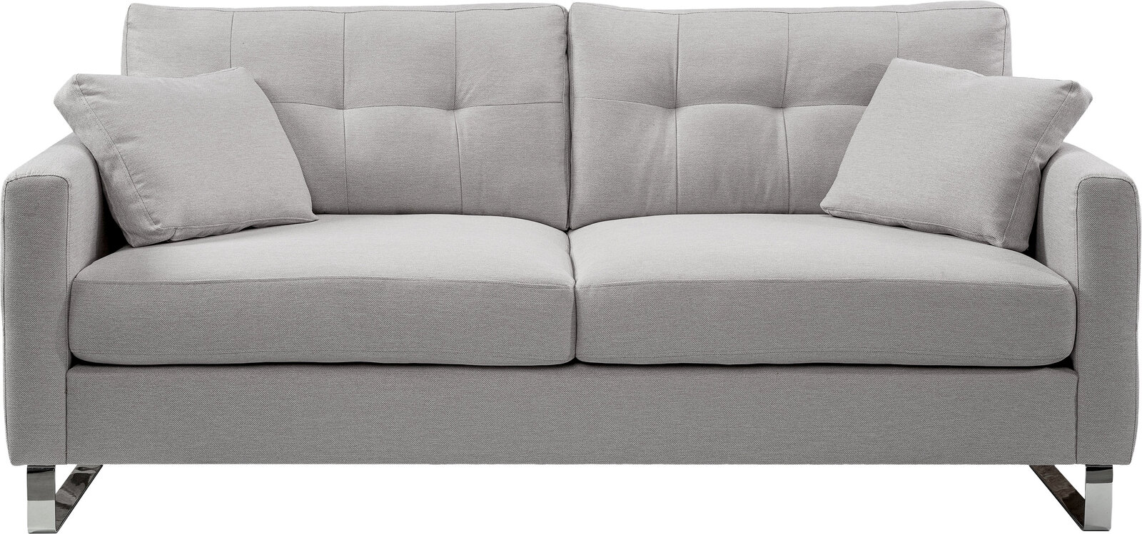 Hellgraues 2-Sitzer-Sofa mit Stoffbezug, zwei Sitzkissen, gesteppter Rückenlehne, zwei losen Kissen, Armlehnen und Metallfüßen, Frontansicht.