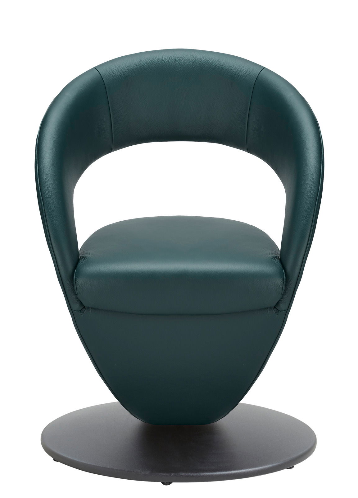 Moderner, dunkelgrüner Sessel mit runder Basis, Vorderansicht