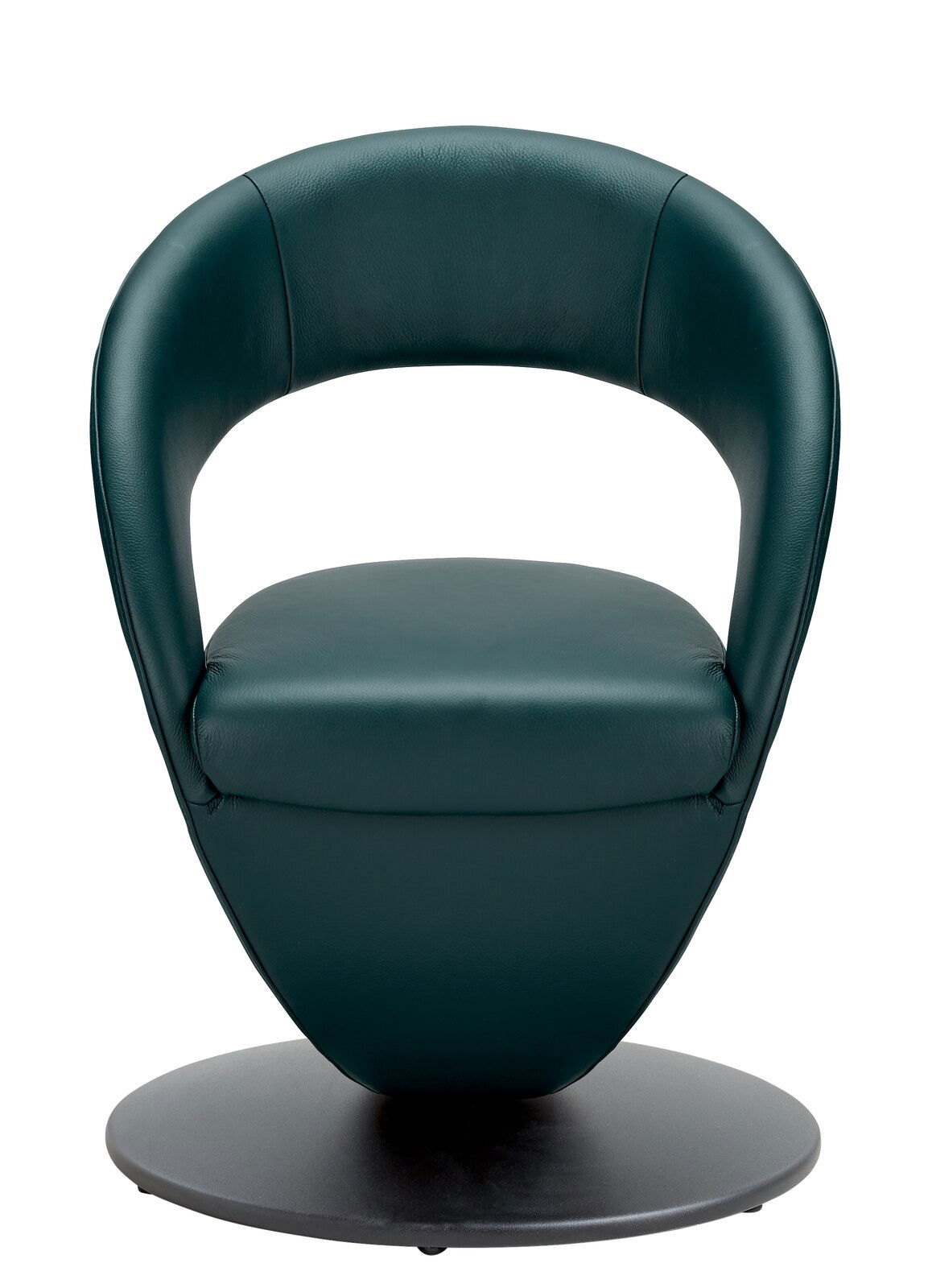 Moderner, dunkelgrüner Sessel mit runder Basis, Vorderansicht