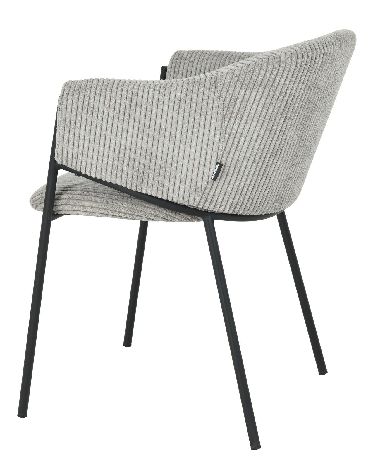 Rückansicht eines modernen Armlehnstuhls mit grauem, geripptem Stoffbezug und schwarzen Metallbeinen.