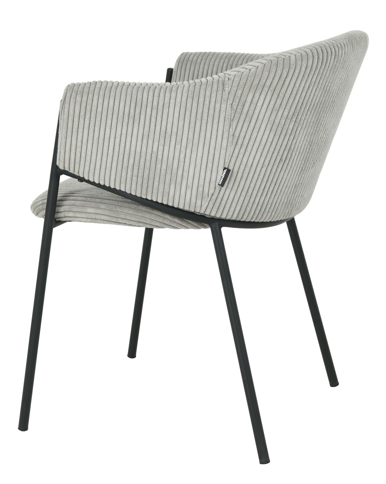Rückansicht eines modernen Armlehnstuhls mit grauem, geripptem Stoffbezug und schwarzen Metallbeinen.
