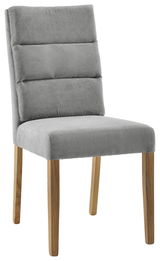 Grauer Polsterstuhl mit Holzbeinen, seitliche Perspektive