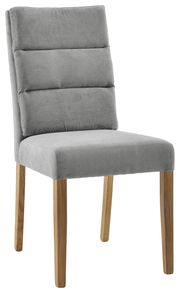 Grauer Polsterstuhl mit Holzbeinen, seitliche Perspektive