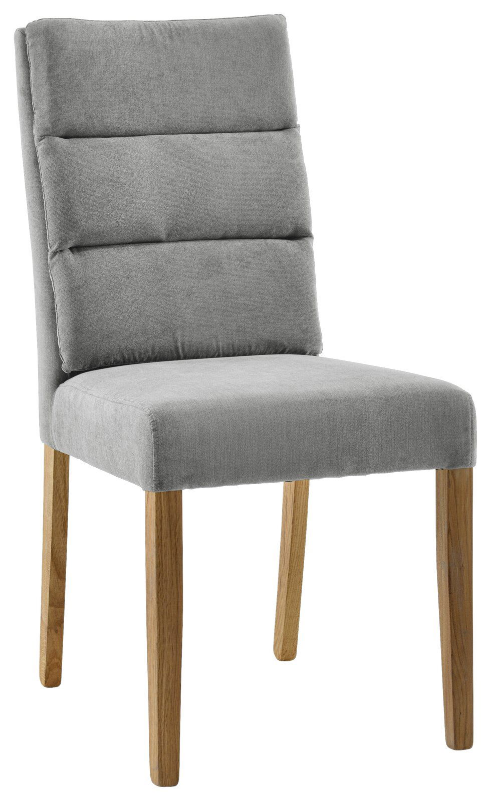 Grauer Polsterstuhl mit Holzbeinen, seitliche Perspektive