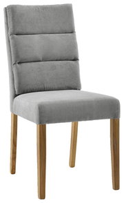 Grauer Polsterstuhl mit Holzbeinen, seitliche Perspektive