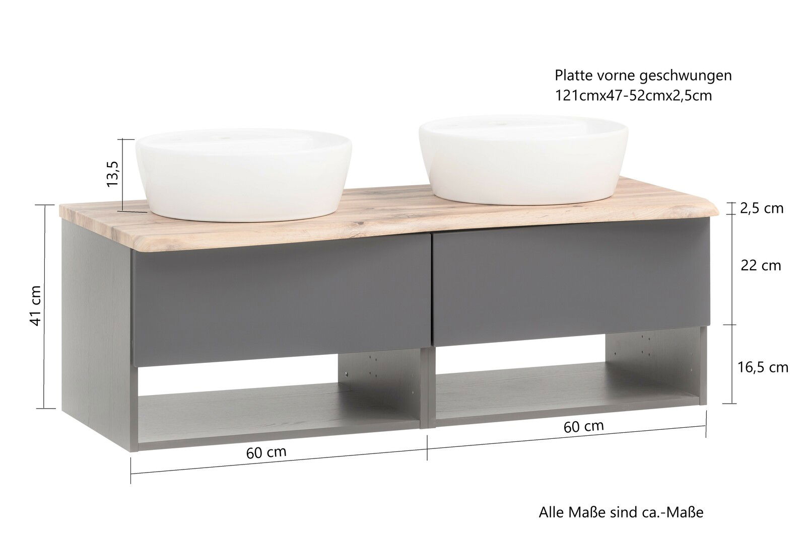 Waschtisch-Set mit zwei weißen Aufsatzwaschbecken auf einer geschwungenen Holzplatte, graue Schubladen und offenes Regal darunter, seitliche Perspektive
