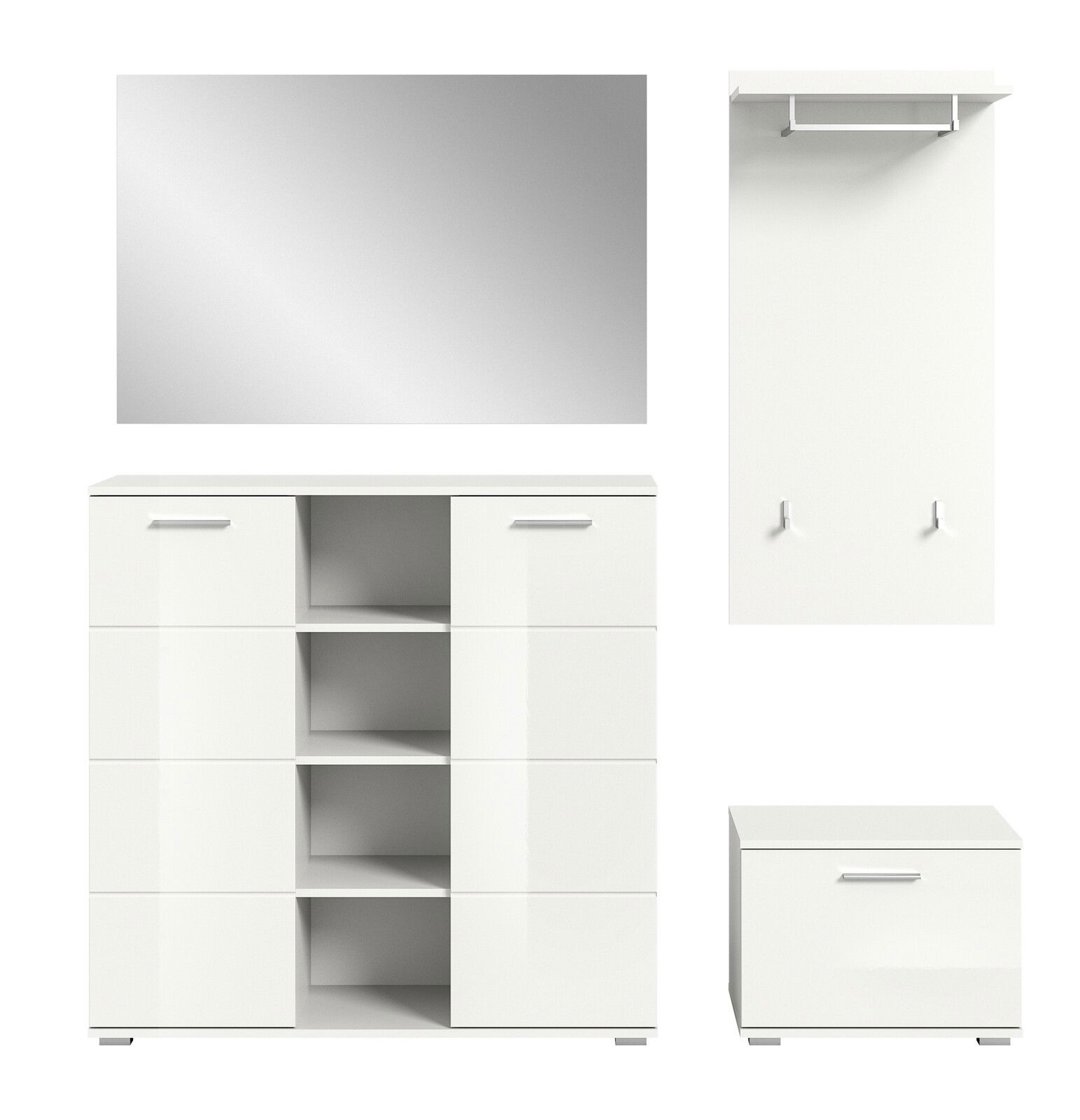 Garderobenkombination in Weiß, bestehend aus einem großen Spiegel, einem Schrank mit offenen Fächern und Türen, einer Wandgarderobe mit Haken und einer Schuhbank. Frontalansicht.