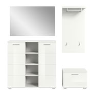 Garderobenkombination in Weiß, bestehend aus einem großen Spiegel, einem Schrank mit offenen Fächern und Türen, einer Wandgarderobe mit Haken und einer Schuhbank. Frontalansicht.