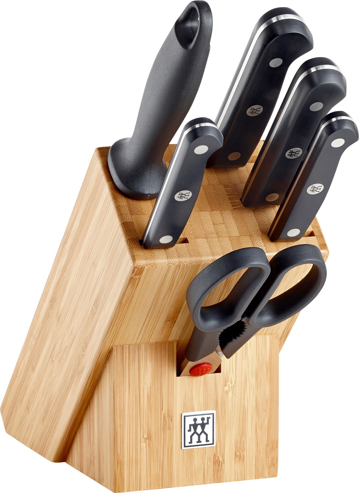 ZWILLING Messerblock, Bambus, 7-tlg. Gourmet Messerblock aus Bambus mit sieben Teilen, darunter fünf Messer und eine Schere, aus seitlicher Perspektive.