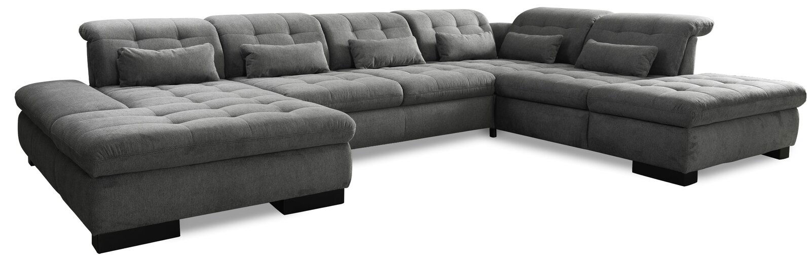 Großes, graues Ecksofa in U-Form mit mehreren Kissen, Ansicht von schräg vorne.