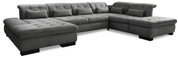 Großes, graues Ecksofa in U-Form mit mehreren Kissen, Ansicht von schräg vorne.