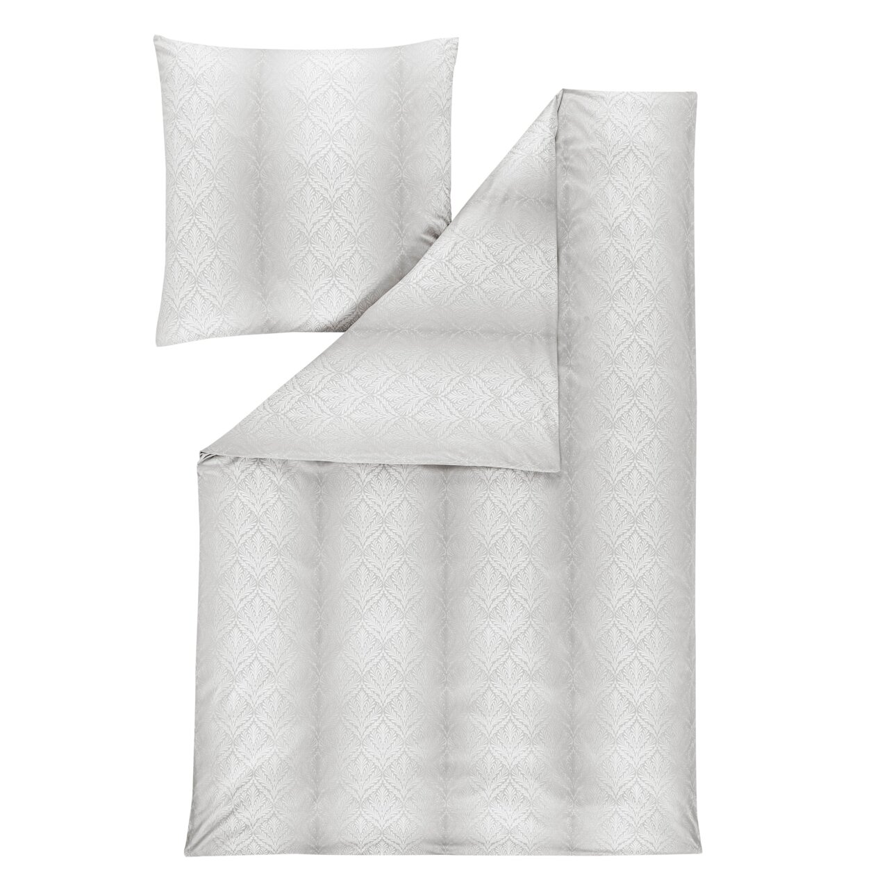 Bettwäsche-Set in elegantem, hellem Design mit dezentem Muster, bestehend aus einem Kissenbezug und einem Bettdeckenbezug, aus der Vogelperspektive.