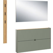 Garderobe Set bestehend aus einem großen rechteckigen Spiegel, einem schmalen Holzpaneel mit Haken und einem grünen Wandregal mit Holzoberfläche, seitliche Perspektive.
