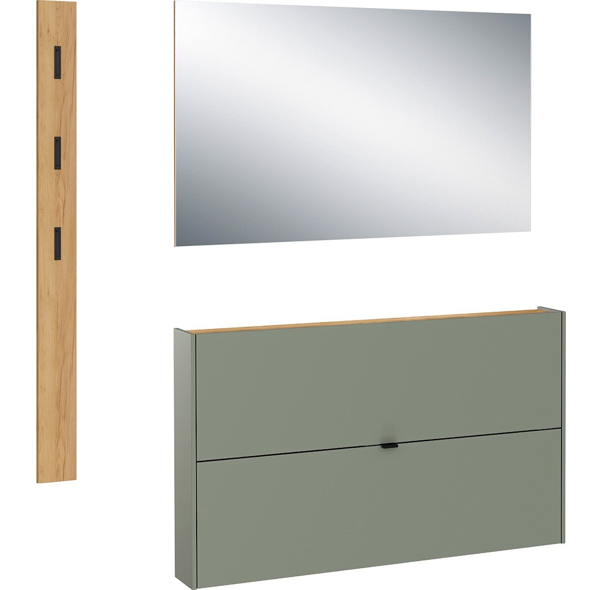 MID.YOU Garderoben-Set AMECA Garderobe Set bestehend aus einem großen rechteckigen Spiegel, einem schmalen Holzpaneel mit Haken und einem grünen Wandregal mit Holzoberfläche, seitliche Perspektive.